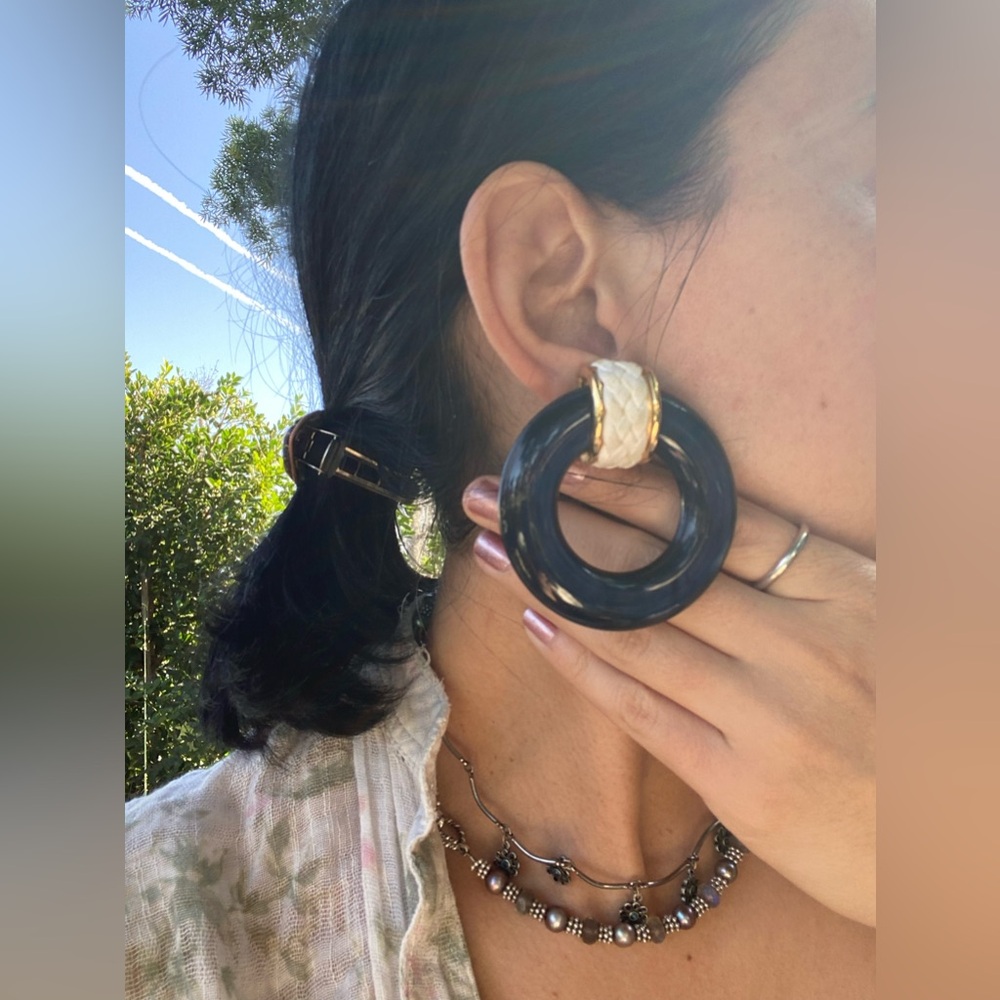 vintage Navy and Gold Hoop Earrings